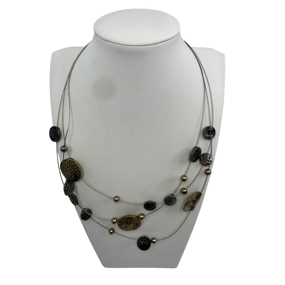 Mixed Metal Multi‎ Strand Hammered Disc Illusion Necklace Silver Gold Tone Boho